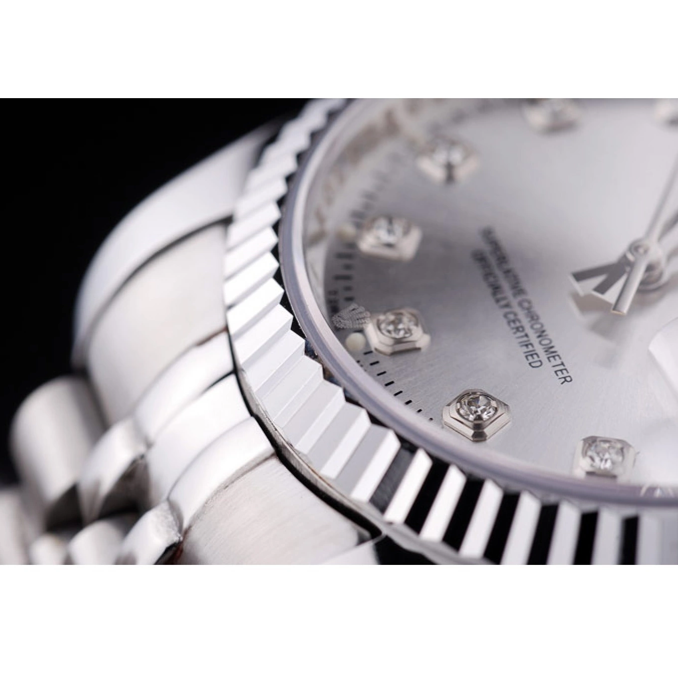 Aaa replica watch Datejust Dial 7455 Silver Rolex Diamonds Ribbed Bezel 0806